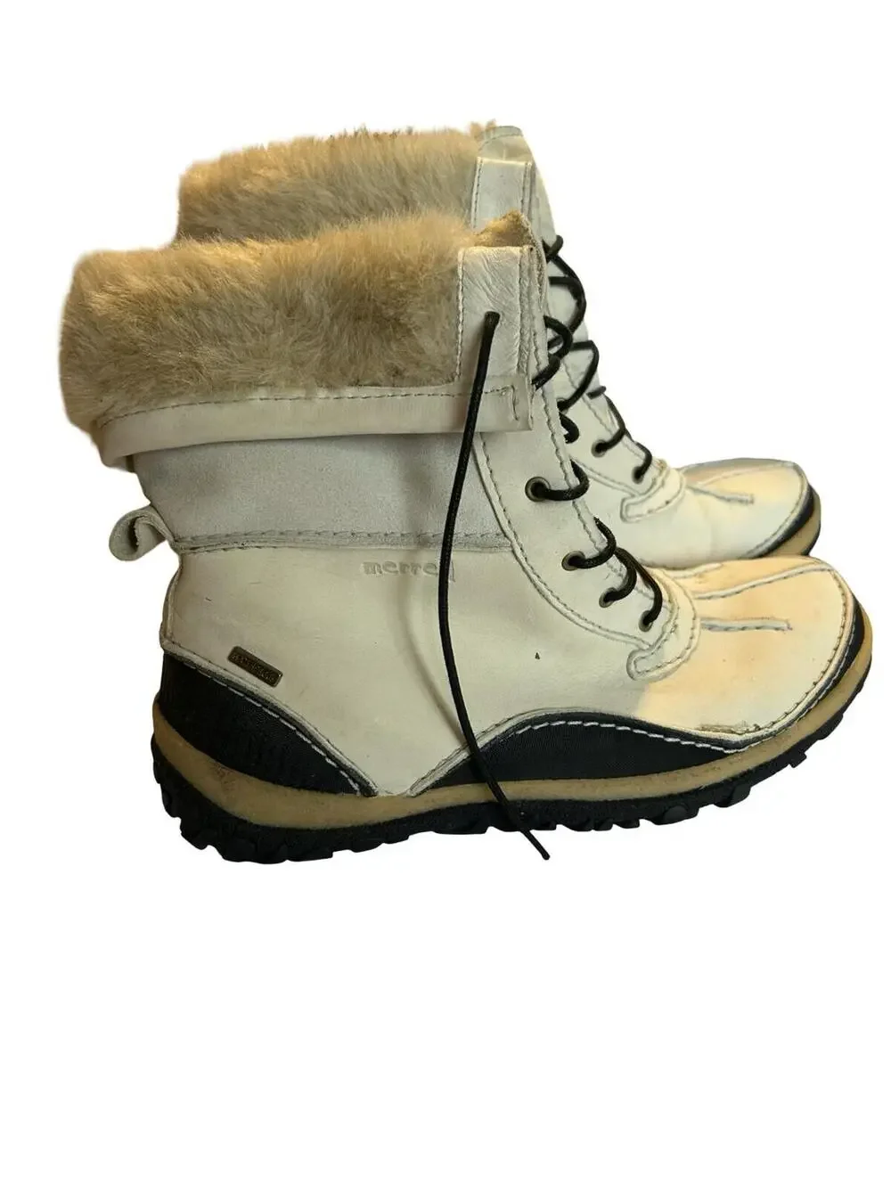 Merrell Womens Winter Boots Size 10.5 Waterproof Faux Fur Cuff Lace Up‎ Cream